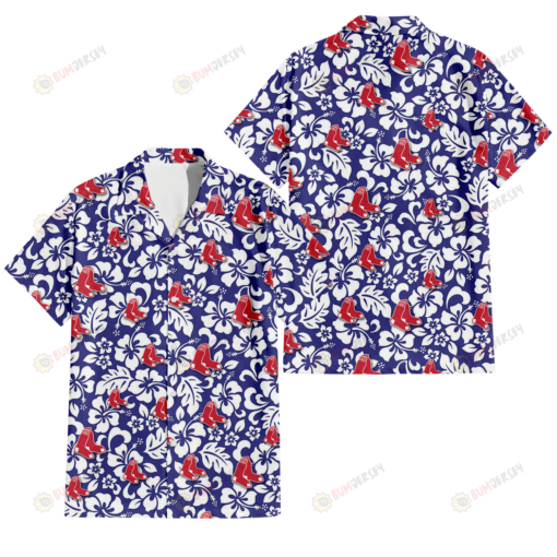 Boston Red Sox White Hibiscus Pattern Slate Blue Background 3D Hawaiian Shirt