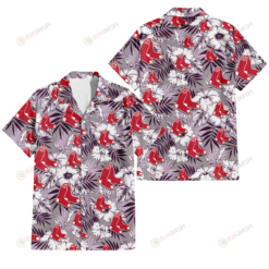 Boston Red Sox White Hibiscus Violet Leaves Light Grey Background 3D Hawaiian Shirt