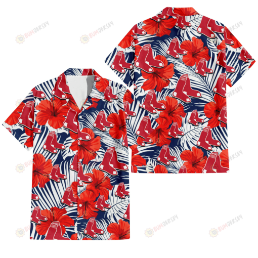 Boston Red Sox White Tropical Leaf Red Hibiscus Navy Background 3D Hawaiian Shirt