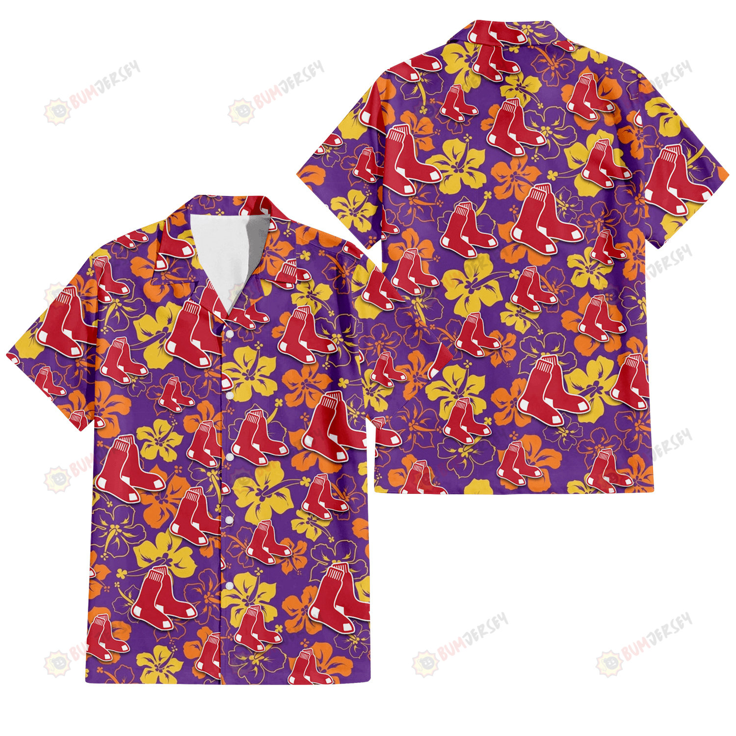 Boston Red Sox Yellow And Orange Hibiscus Purple Background 3D Hawaiian Shirt