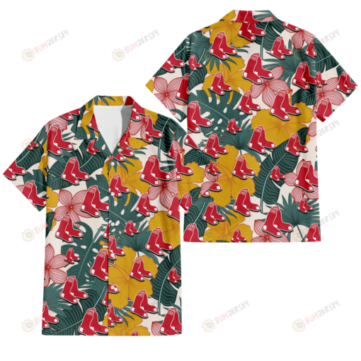 Boston Red Sox Yellow Hibiscus Green Banana Leaf Pink Porcelain Flower 3D Hawaiian Shirt