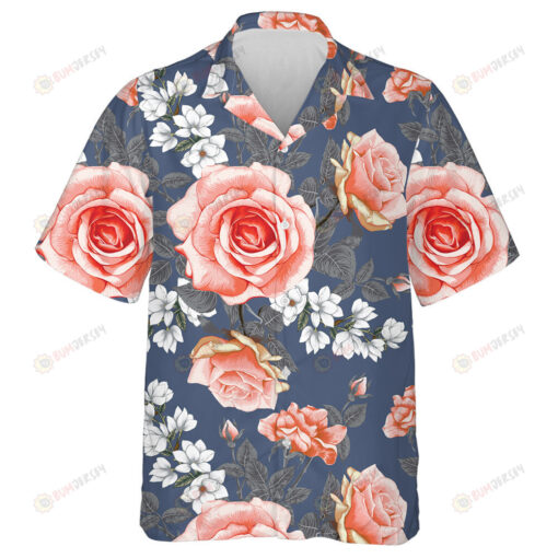 Botanical Pink Rose And White Magnolia Flowers On Navy Background Hawaiian Shirt