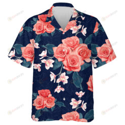 Botanical Pink rose And Orchid Flowers On Dark Blue Background Hawaiian Shirt
