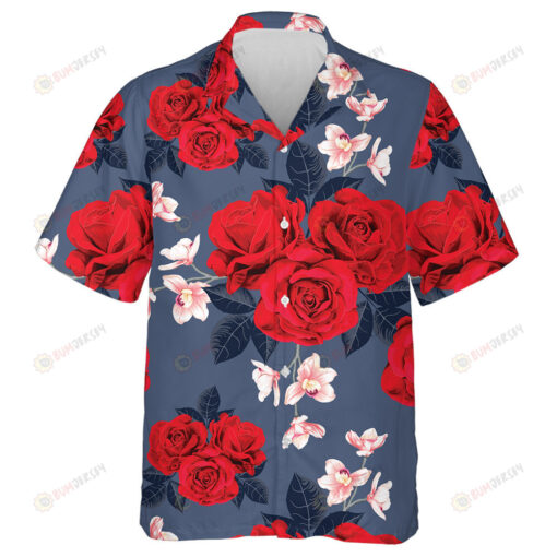 Botanical Scarlet Red Rose Pink Flower Branch Design Hawaiian Shirt