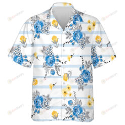 Bouquet Blue Yellow Roses On Horizontal Blue Striped Background Hawaiian Shirt