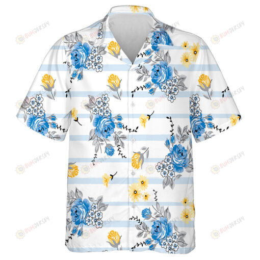 Bouquet Blue Yellow Roses On Horizontal Blue Striped Background Hawaiian Shirt