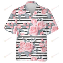 Bouquet Pale Pink Roses Flowers Black Striped Design Hawaiian Shirt