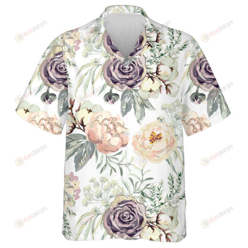 Bouquet Violet Roses Pink Peonies And Grey Leaves Art Pattern Hawaiian Shirt