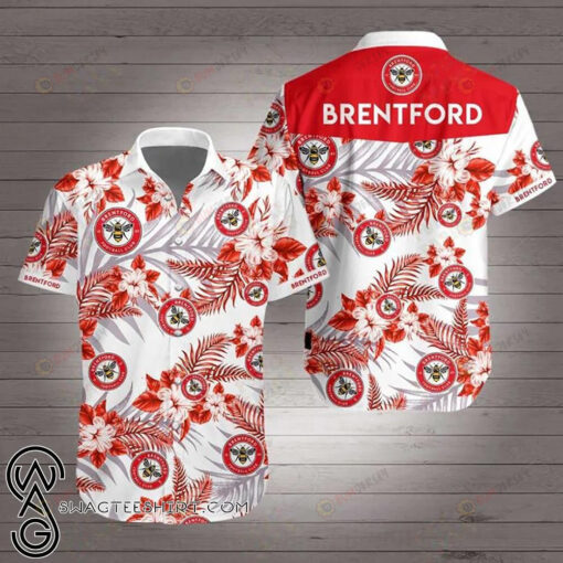 Brentford Football Club Hibiscus Curved Hawaiian Shirt In Red White