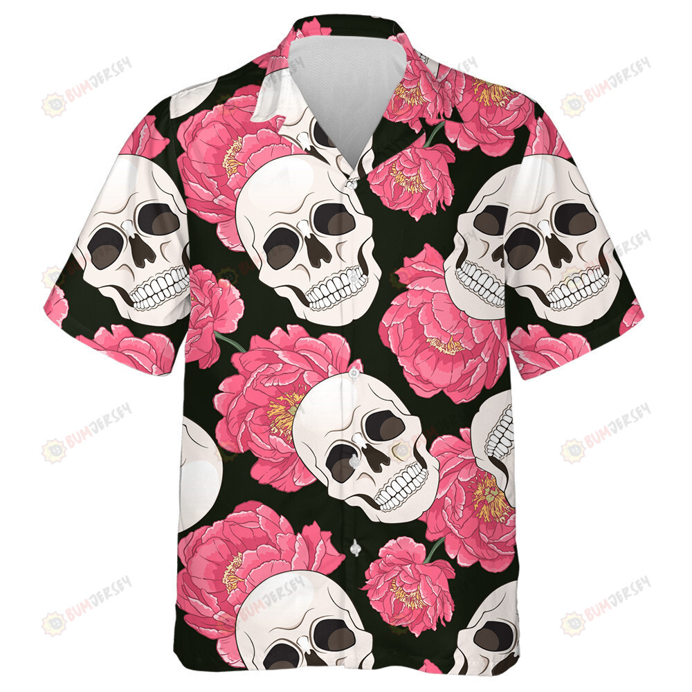Bright Pink Peonies And Human Skulls Hawaiian Shirt