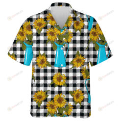 Bright Sunflowers In Tall Blue Jug On Black And White Buffalo Check Plaid Hawaiian Shirt