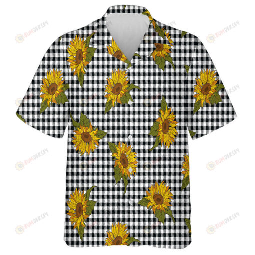 Bright Sunflowers On Black White Buffalo Plaid Background Hawaiian Shirt