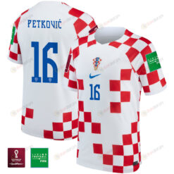 Bruno Petkovi? 16 Croatia National Team FIFA World Cup Qatar 2022 - Home Youth Jersey With Patch