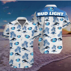 Bud Light Coconut Tree Pattern Curved Hawaiian Shirt In White & Blue