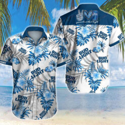 Bud Light Floral & Leaf Pattern Curved Hawaiian Shirt In White & Blue