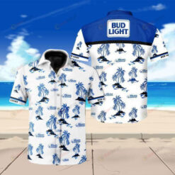 Bud light Tree Pattern Curved Hawaiian Shirt In White & Blue W Button Up