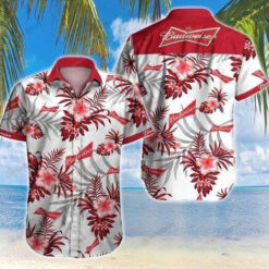 Budweiser Floral Curved Hawaiian Shirt In White And Red
