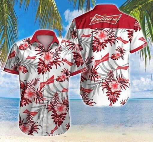 Budweiser Floral Curved Hawaiian Shirt In White And Red