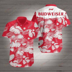 Budweiser Leaf Pattern Curved Hawaiian Shirt In White & Red