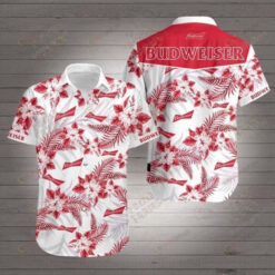 Budweiser Leaf & Flower Pattern Curved Hawaiian Shirt In White & Red