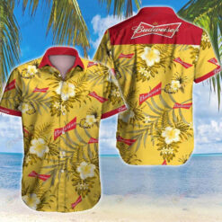 Budweiser Yellow Red Short Sleeve Curved Hawaiian Shirt