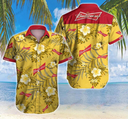 Budweiser Yellow Red Short Sleeve Curved Hawaiian Shirt