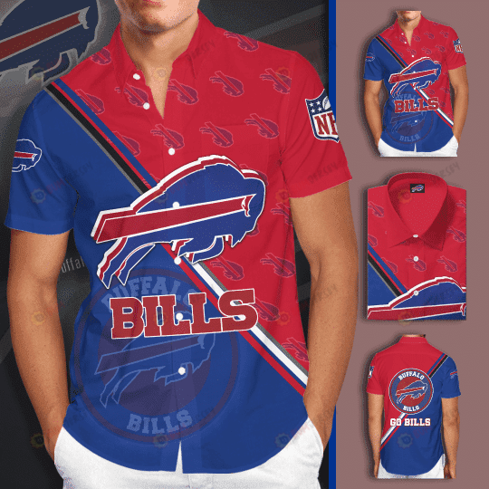 Buffalo Bills Big Logo Curved Hawaiian Shirt In Red And Blue