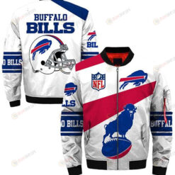 Buffalo Bills Buffalo With Ball And Helmet Logo Pattern Bomber Jacket - Blue/ White
