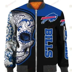 Buffalo Bills Skull Logo Pattern Bomber Jacket - Blue And Black