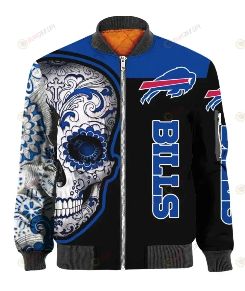 Buffalo Bills Skull Logo Pattern Bomber Jacket - Blue And Black