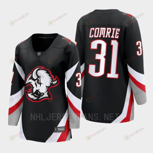 Buffalo Sabres Eric Comrie 31 Black Goathead Third Premier 2022-23 Jersey Women