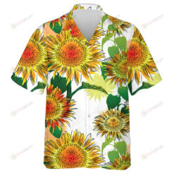Burnt Yellow And Orange Sunflower And Leaves Drawing Pattern Hawaiian Shirt