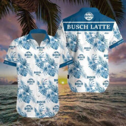 Busch Latte Floral & Leaf Pattern Curved Hawaiian Shirt In White & Blue