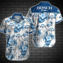 Busch Latte Flower & Leaf Pattern Curved Hawaiian Shirt In White & Blue