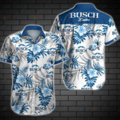 Busch Latte Leaf & Flower Pattern Curved Hawaiian Shirt In Blue & White