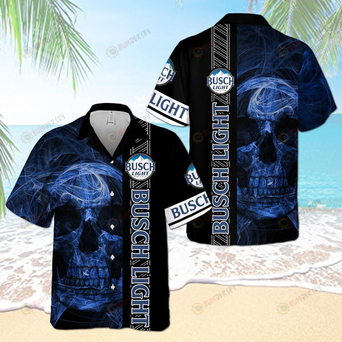 Busch Light Blue Skull Smoke Hawaiian Shirt In Black