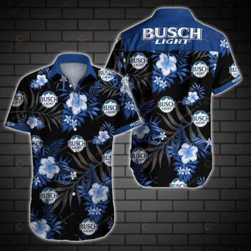 Busch Light Floral & Leaf Pattern Curved Hawaiian Shirt In Black & Blue