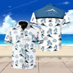Busch Light Floral & Tree Pattern Curved Hawaiian Shirt In White & Blue