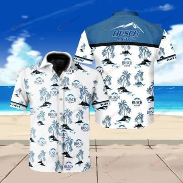 Busch Light Floral & Tree Pattern Curved Hawaiian Shirt In White & Blue