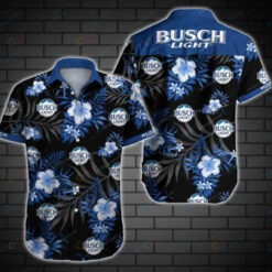 Busch Light Flower & Leaf Pattern Curved Hawaiian Shirt In Black & Blue