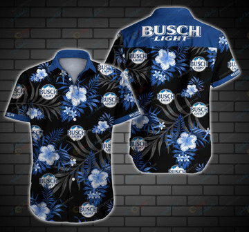 Busch Light Flower & Leaf Pattern Curved Hawaiian Shirt In Black & Blue