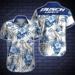 Busch Light Leaf & Flower Pattern Curved Hawaiian Shirt In Blue & White