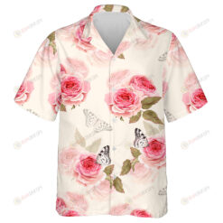 Butterfly On Pale Pink Rose Branch Vintage Style Design Hawaiian Shirt