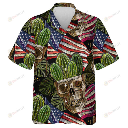 Cactus Skulls Smiling Face Potted And USA Flag Embroidery Style Hawaiian Shirt