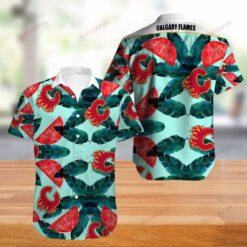 Calgary Flames Floral & Leaf Pattern Curved Hawaiian Shirt In Green & Red
