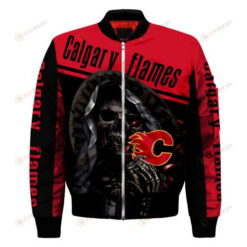 Calgary Flames Logo With Skull Pattern Bomber Jacket- Red/Black