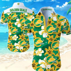 California Golden Seals Floral & Leaf Pattern Curved Hawaiian Shirt In Green & Yellow