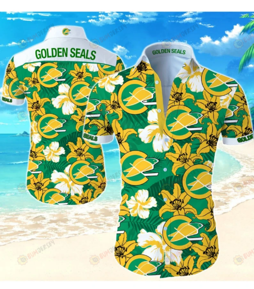 California Golden Seals Floral & Leaf Pattern Curved Hawaiian Shirt In Green & Yellow