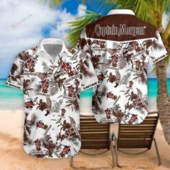 Captain Morgan Leaf & Flower Pattern Curved Hawaiian Shirt In White & Red