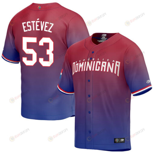 Carlos Est?vez 53 Dominican Republic Baseball 2023 World Baseball Classic Jersey - Red/Purple